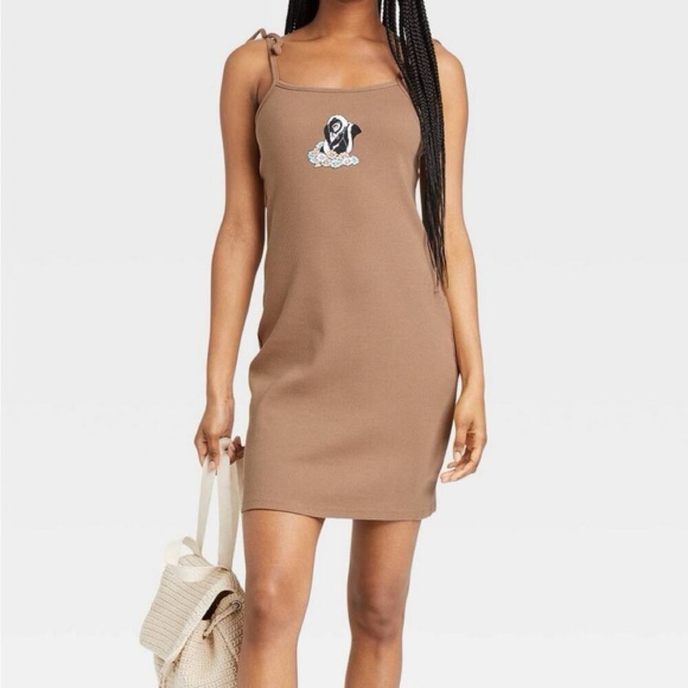Disney Juniors Size L Tan Bambi Bluebell Skunk Flower Mini Dress Knit Bodycon